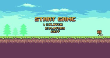 Piksel sanatı ile oyun ve karakter ile 8-bit stili. Bir 2B 8-bit oyunun başlangıç menüsünün canlandırma videosu
