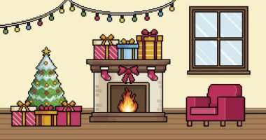 Noel dekorasyonlu, şöminesi yanan bir oturma odası, Noel ağacı ve pikselli bir koltuk ve 8-bit stili.
