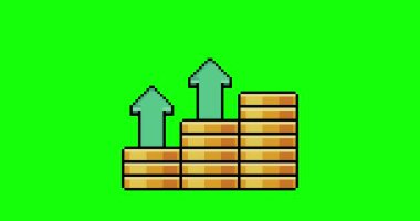 Piksel sanatında yukarı doğru ok grafikli bozuk para yığınının animasyonu ve yeşil arkaplanda 8-bit stili