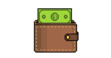 Piksel sanatı ve 8-bit stili olan deri bir cüzdandan çıkan para banknotlarının animasyonu.