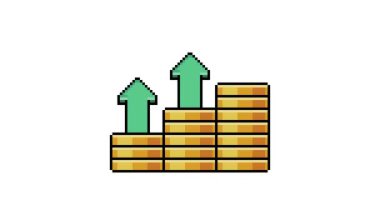Piksel sanatı ve 8-bit tarzı yukarı doğru ok grafikli bozuk para yığınının animasyonu