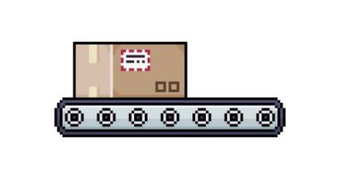 Bir karton paketi piksel sanatı ve 8-bit tarzında hareket ettiren bir taşıma bandının canlandırması