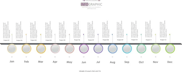 timeline project diagram Infographic template for business. 12 Months modern Timeline diagram calendar with circles, presentation vector infographic.