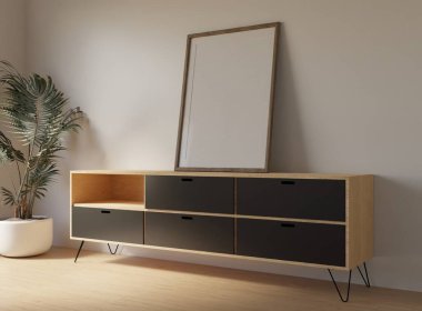 Poster ahşap çerçevesini, boş resim odasını, iç kısmı, dikey ahşap zemini, üç boyutlu resimle süslemek.