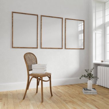 Mokup poster çerçeve iç mekan oturma odası boş resimli İskandinav tarzı ve illüstrasyon 3D resimli kanepe.