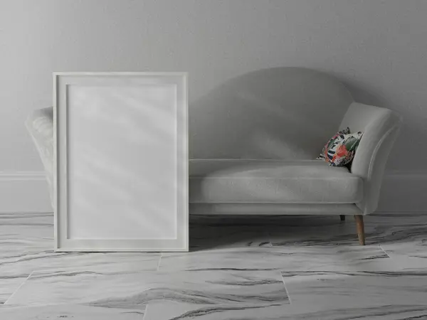 white picture frame vertical mockup on white floor. White living room design. View of modern style interior on floor. Home minimalism concept 3D rendering