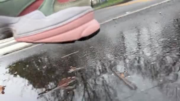 Person Puts His Foot Puddle Street — Video Stock