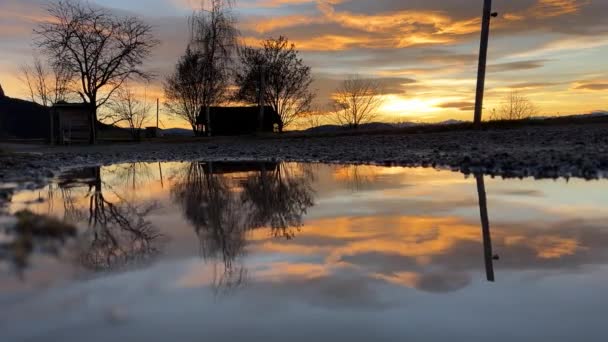 Reflection Sunset Countryside Hills Puddle — Stok video