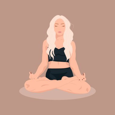 Genç kadın yoga egzersizleri yapıyor, meditasyon yapıyor ve minderin üzerinde nilüfer pozisyonu alıyor. Yoga ve meditasyon yapan kadın karakter. Bej ve sıcak renklerde modaya uygun düz vektör..