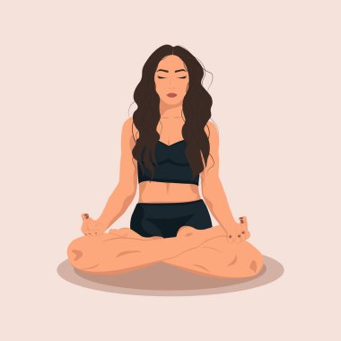 Genç kadın yoga egzersizleri yapıyor, meditasyon yapıyor ve minderin üzerinde nilüfer pozisyonu alıyor. Yoga ve meditasyon yapan kadın karakter. Bej ve sıcak renklerde modaya uygun düz vektör..