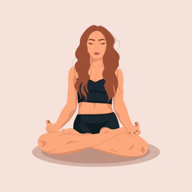 Genç kadın yoga egzersizleri yapıyor, meditasyon yapıyor ve minderin üzerinde nilüfer pozisyonu alıyor. Yoga ve meditasyon yapan kadın karakter. Bej ve sıcak renklerde modaya uygun düz vektör..