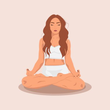 Genç kadın yoga egzersizleri yapıyor, meditasyon yapıyor ve minderin üzerinde nilüfer pozisyonu alıyor. Yoga ve meditasyon yapan kadın karakter. Bej ve sıcak renklerde modaya uygun düz vektör..