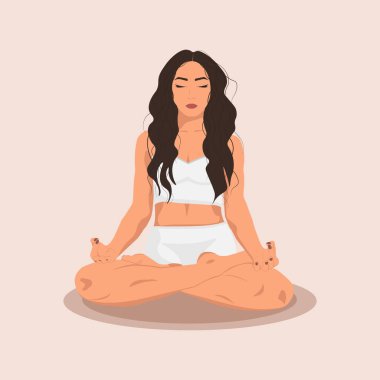 Genç kadın yoga egzersizleri yapıyor, meditasyon yapıyor ve minderin üzerinde nilüfer pozisyonu alıyor. Yoga ve meditasyon yapan kadın karakter. Bej ve sıcak renklerde modaya uygun düz vektör..