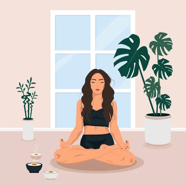 Joven Está Haciendo Yoga Practicando Meditación Posición Loto Esterilla Personaje — Vector de stock