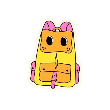 Kamp yapmak ve yürüyüş yapmak için çanta taşıyan neşeli bir çıkartma. Kuryeler, illüstrasyonlar, web kaynakları için etiket..