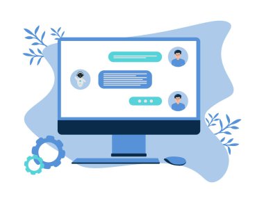 Yapay zeka sohbet robotu, bilgisayar robotu simgeleri ve sohbet iletişimiyle illüstrasyon. Bilgisayar ekranında bir insan ve sohbet robotu sohbeti gösteriliyor.
