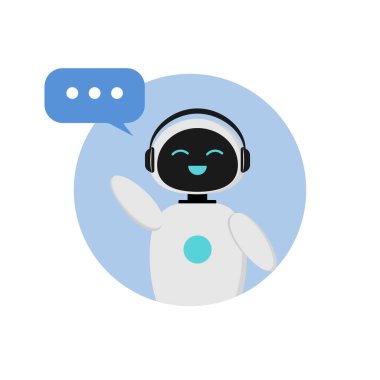Yapay zekaya sahip sohbet robotu ikonu. Mavi arka planda düz stil şirin bir robot tasviri.