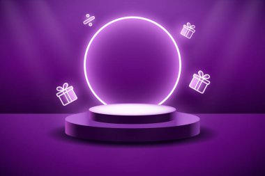  Mor elektro podyumu, neon ışıkları ve neon hediyeli ürün sergisi, mega satış, indirimler, satışlar, promosyonlar, kara cuma ve siber pazartesi. Neon podyum bayrağı.