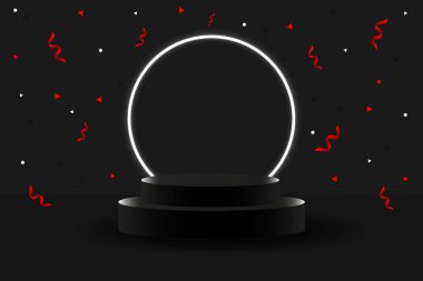 Kara Cuma satış konsepti için siyah 3D geometrik sahne podyumu beyaz neon ışıklı serpentin konfeti ve sahne ürünleri sahne gösterisi için sahne. Vektör illüstrasyonu.