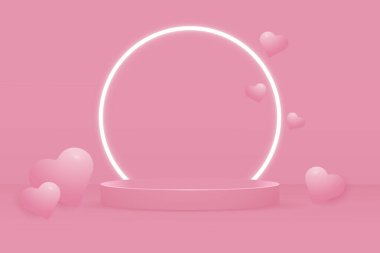 Sevgililer Günü için 3 boyutlu pembe podyum neon ışığı ve boyut pembe kalpler ürünleri, terfileri ve Sevgililer Günü aşk temalı alışveriş için vektör şablonu.
