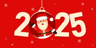 Noel balosunda neşeli bir Noel Baba ile 2025 yılbaşı bayrağı, mutlu yıllar..