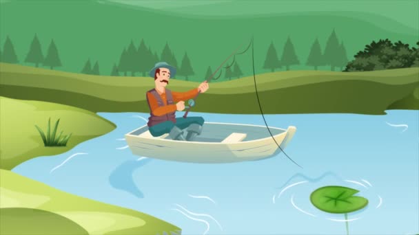 Pescatore Pesca Nel Lago — Video Stock