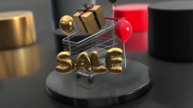 Siyah Podyumda Hediyeler ve Balonlarla Üç Boyutlu Alışveriş Aracı