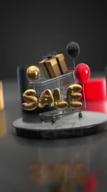 Siyah Podyum Dikey Üzerinde Hediyeler ve Balonlu 3D Alışveriş Aracı