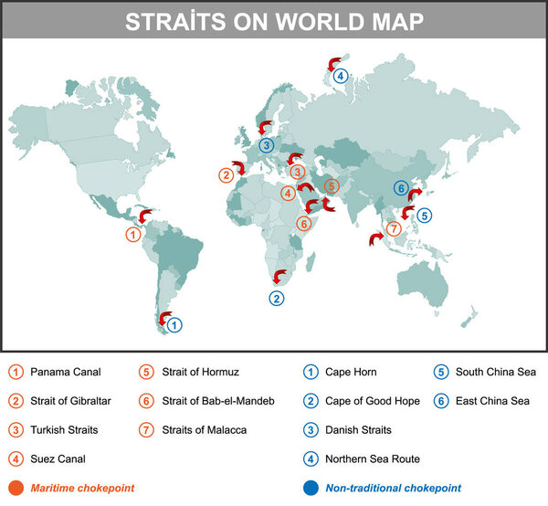 Карта мира, обозначенные океаны, моря, перешеек и пролив