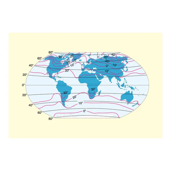 等温线 世界地图上有各大洲 等温线和1月份的物理温度区 以摄氏度为单位 — 图库矢量图片