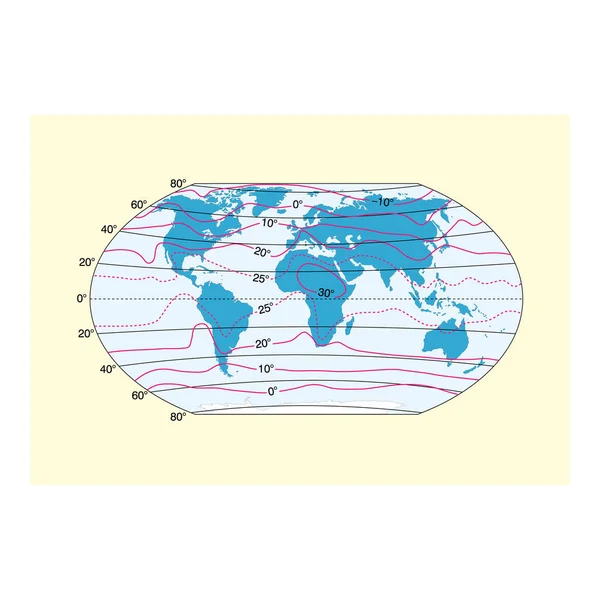 世界年度等温线地图图像 具有等温线和物理温度区的世界地图 — 图库矢量图片