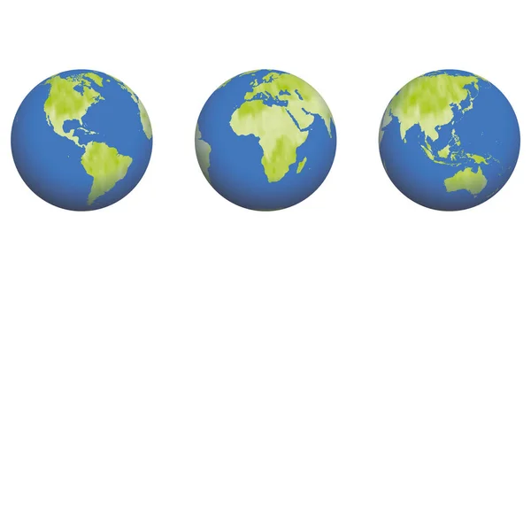 3つの異なる角度から地球の青と緑の色のイラスト アメリカ ヨーロッパ アフリカ アジア オーストラリア — ストックベクタ