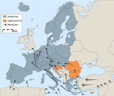 Avrupa 'da göç krizi. Schengen bölgesinden geçen göç dalgaları. Veri kaynağı EUROPOL, 2016. Bilgi grafikleriniz için arkaplan.