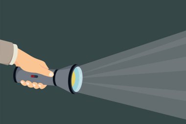 El fenerini tut. Sarı parıldayan ışık huzmesi. Arama konsepti. Işın ışığı. Vektör illüstrasyonu.