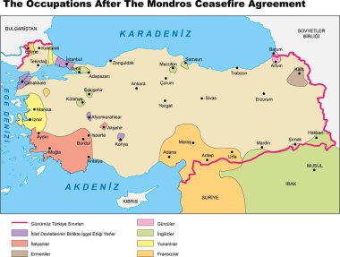 Mondros ateşkes anlaşmasından sonraki işgaller Türkçe tarih haritası. Osmanlı, hindi haritası. vektör illüstrasyonu.