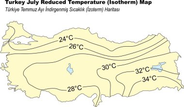 Azaltılmış izoterm haritaları. Türkiye 'nin Temmuz ayı sıcaklık haritası. Vektör illüstrasyonu.