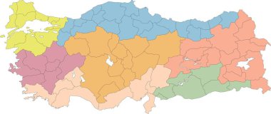 Kamyon haritası, 7 bölge beyaz vektör arkaplanı. Trkiye Bölgeleri Haritası. Merkez Anadolu, Karadeniz, Doğu Anadolu, Ege, Güneydoğu Anadolu, Marmara, Akdeniz