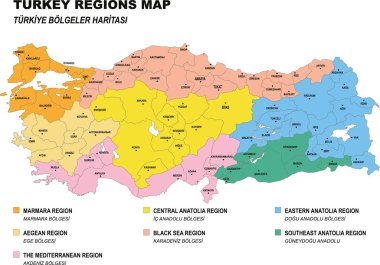 Kamyon haritası, 7 bölge ayrıntılı olarak çizilmiş Türkiye haritası beyaz vektör arkaplanı. Trkiye Bölgeleri Haritası. Merkez Anadolu, Karadeniz, Doğu Anadolu, Ege, Güneydoğu Anadolu, Marmara, Akdeniz