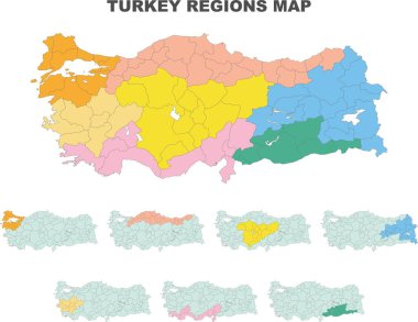 Kamyon haritası, 7 bölge beyaz vektör arkaplanı. Trkiye Bölgeleri Haritası. Merkez Anadolu, Karadeniz, Doğu Anadolu, Ege, Güneydoğu Anadolu, Marmara, Akdeniz