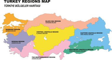 Kamyon haritası, 7 bölge ayrıntılı olarak çizilmiş Türkiye haritası beyaz vektör arkaplanı. Trkiye Bölgeleri Haritası. Merkez Anadolu, Karadeniz, Doğu Anadolu, Ege, Güneydoğu Anadolu, Marmara, Akdeniz