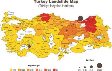Türkiye Heyelan Sayısı Haritası ve Türkiye heyelan haritasının vektör çizimi beyaz arka planda izole edildi.