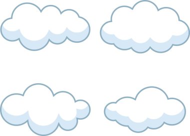 Bulutlar vektör illüstrasyonu. Mavi gökyüzü panorama vektör koleksiyonunda karikatür bulutları izole.