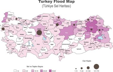 Türkiye Sel ve Sel Numarası Haritası. Vektör illüstrasyonu beyaz arkaplanda izole edildi.