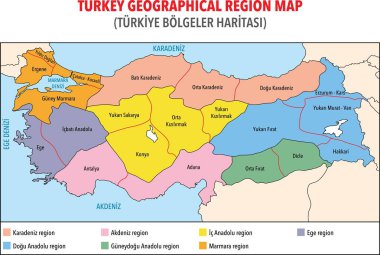 Kamyon haritası, 7 bölge ayrıntılı olarak çizilmiş Türkiye haritası beyaz vektör arkaplanı. Trkiye Bölgeleri Haritası. Merkez Anadolu, Karadeniz, Doğu Anadolu, Ege, Güneydoğu Anadolu, Marmara, Akdeniz