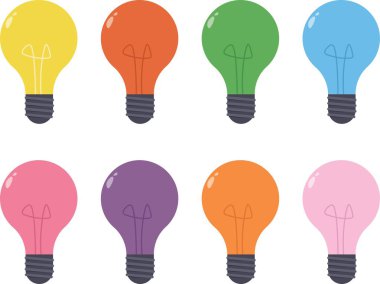 Ampuller. Renkli ampuller vektör çizimi. Enerji ve fikirlerin sembolü. Lamba fikir simgesi seti.