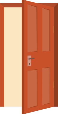 Aç şu kapıyı. Çizgi film vektör çizimi. Kapı animasyonu. Açılmış ve kapatılmış ahşap kapı, animasyon evi girişi. Farklı pozisyondaki ahşap kapı izole vektör çizimi.