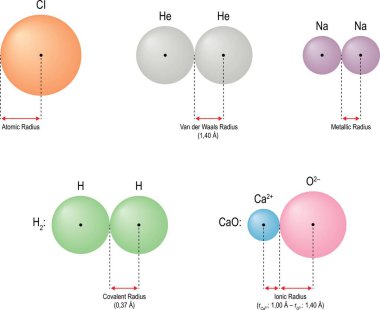 Atomik yarıçapın diyagramı. Atomun yarıçapı farklı şekillerde tanımlanır. Vektör illüstrasyonu beyaz arkaplanda izole edildi.