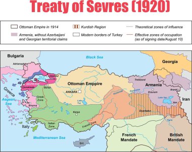 Osmanlı İmparatorluğu 'nun Svres Antlaşması' ndan (1920) sonraki haritası.