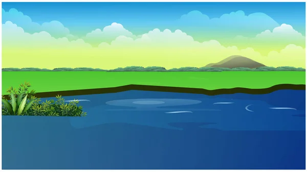 Lagoa Água Azul Com Campo Grama Verde — Vetor de Stock