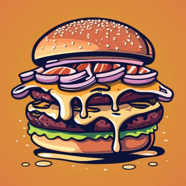 Yanlarından erimiş peynir damlayan sulu bir burgerin yakın çekimi. Poster, illüstrasyon.